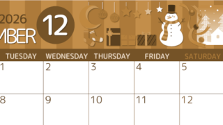 2026年12月横型レトロな月曜始まり 雪だるまイラストのかわいいA4無料セピア調カレンダー(2026-00601201)