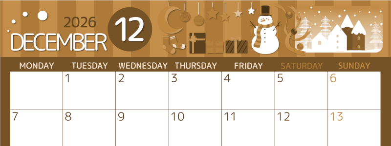 2026年12月横型レトロな月曜始まり 雪だるまイラストのかわいいA4無料セピア調カレンダー(2026-00601201)
