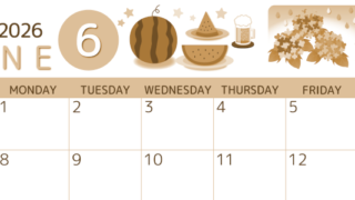2026年6月横型レトロな日曜始まり すいかイラストのかわいいA4無料セピア調カレンダー(2026-00600600)