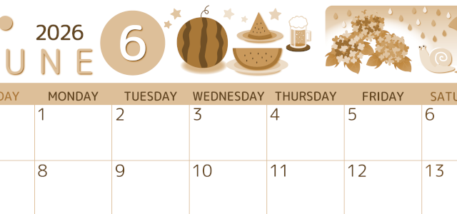 2026年6月横型レトロな日曜始まり すいかイラストのかわいいA4無料セピア調カレンダー(2026-00600600)