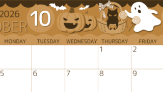 2026年10月横型レトロな日曜始まり 行事イラストのかわいいA4無料セピア調カレンダー(2026-00601000)