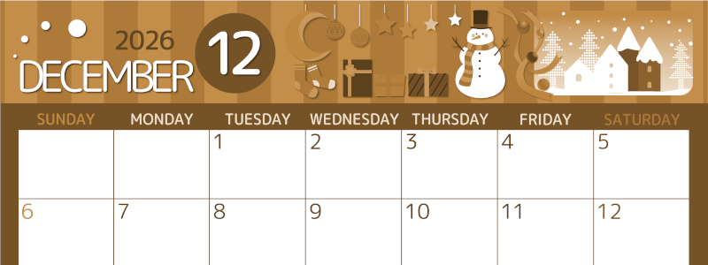 2026年12月横型レトロな日曜始まり 雪だるまイラストのかわいいA4無料セピア調カレンダー(2026-00601200)