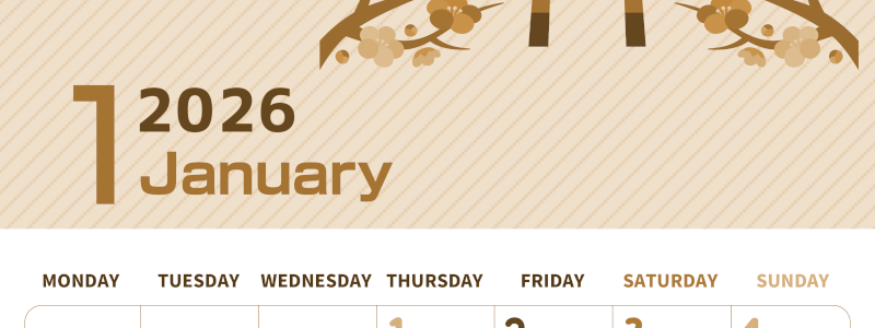 2026年1月縦型レトロな日曜始まり めでたい鳥居イラストのかわいいA4無料セピア調カレンダー(2026-00610111)