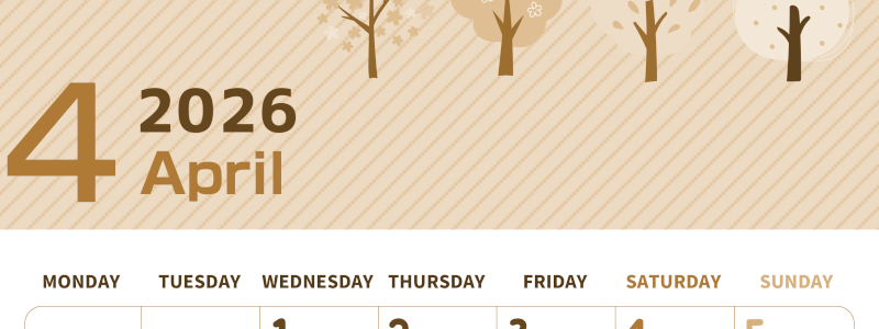 2026年4月縦型レトロな月曜始まり 桜木イラストのかわいいA4無料セピア調カレンダー(2026-00610411)