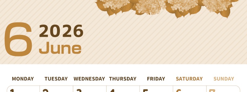 2026年6月縦型レトロな月曜始まり 季節の花イラストのかわいいA4無料セピア調カレンダー(2026-00610611)