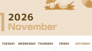 2026年11月縦型レトロな月曜始まり 小動物イラストのかわいいA4無料セピア調カレンダー(2026-00611111)