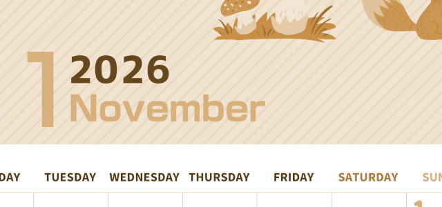 2026年11月縦型レトロな月曜始まり 小動物イラストのかわいいA4無料セピア調カレンダー(2026-00611111)