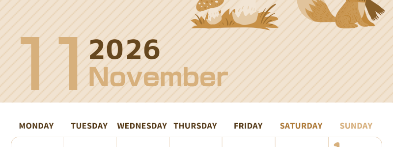 2026年11月縦型レトロな月曜始まり 小動物イラストのかわいいA4無料セピア調カレンダー(2026-00611111)