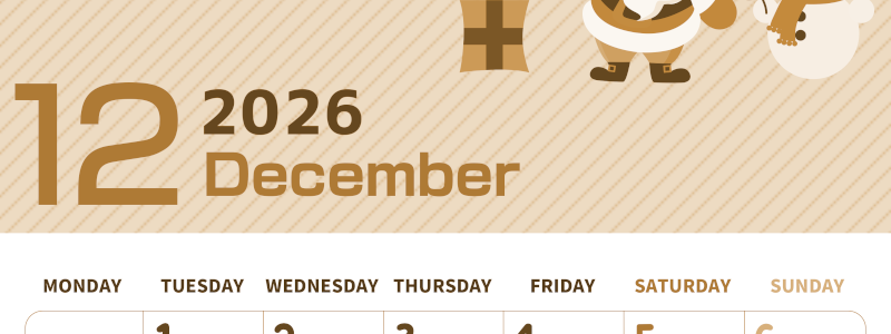 2026年12月縦型レトロな月曜始まり 行事イラストのかわいいA4無料セピア調カレンダー(2026-00611211)