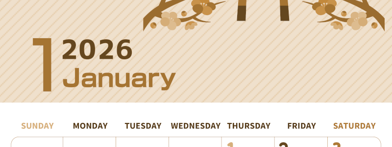 2026年1月縦型レトロな日曜始まり 鳥居イラストのかわいいA4無料セピア調カレンダー(2026-00610110)