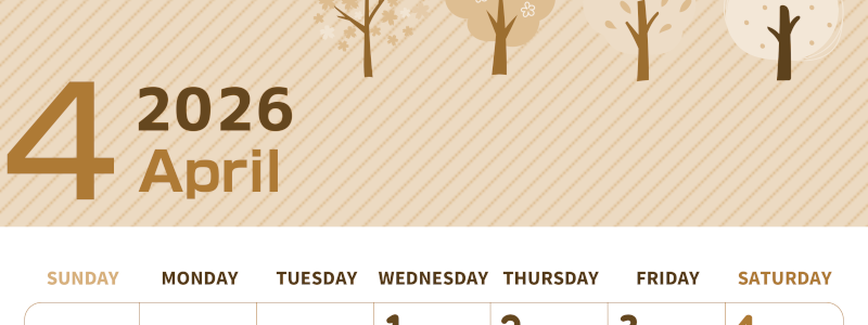 2026年4月縦型レトロな日曜始まり 桜木イラストのかわいいA4無料セピア調カレンダー(2026-00610410)