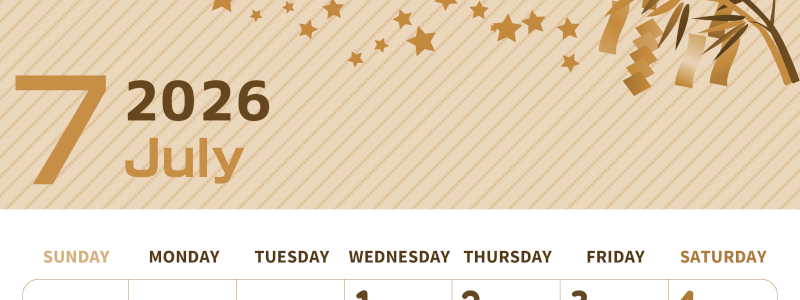 2026年7月縦型レトロな日曜始まり 天の川イラストのかわいいA4無料セピア調カレンダー(2026-00610710)