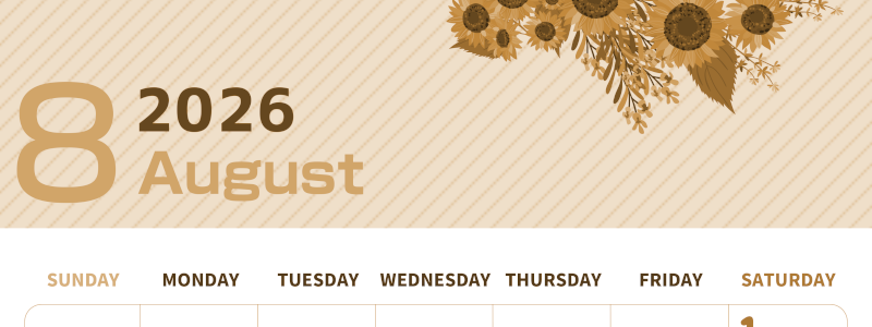 2026年8月縦型レトロな日曜始まり 向日葵のイラストがかわいいA4無料セピア調カレンダー(2026-00610810)