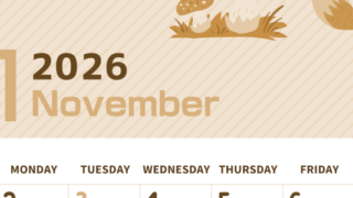 2026年11月縦型レトロな日曜始まり 小動物イラストのかわいいA4無料セピア調カレンダー(2026-00611110)