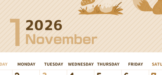 2026年11月縦型レトロな日曜始まり 小動物イラストのかわいいA4無料セピア調カレンダー(2026-00611110)