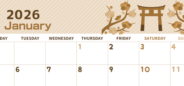 2026年1月横型レトロな月曜始まり 神社の鳥居イラストのかわいいA4無料セピア調カレンダー(2026-00610101)