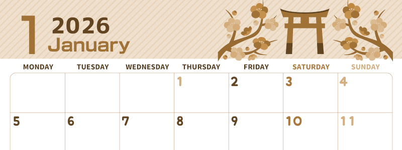 2026年1月横型レトロな月曜始まり 神社の鳥居イラストのかわいいA4無料セピア調カレンダー(2026-00610101)