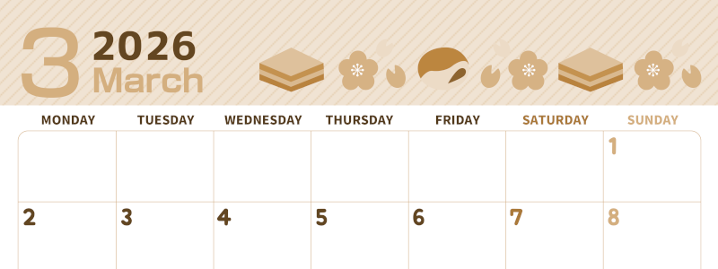 2026年3月横型レトロな月曜始まり イラストのかわいいA4無料セピア調カレンダー(2026-00610301)