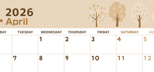 2026年4月横型レトロな月曜始まり 桜木イラストのかわいいA4無料セピア調カレンダー(2026-00610401)