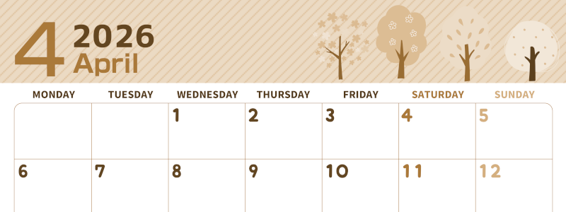 2026年4月横型レトロな月曜始まり 桜木イラストのかわいいA4無料セピア調カレンダー(2026-00610401)