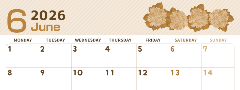 2026年6月横型レトロな月曜始まり 季節の花イラストのかわいいA4無料セピア調カレンダー(2026-00610601)