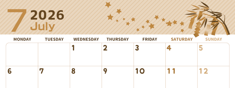 2026年7月横型レトロな月曜始まり 天の川イラストのかわいいA4無料セピア調カレンダー(2026-00610701)