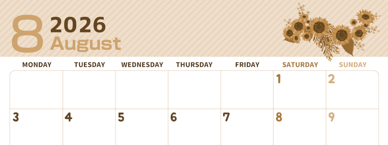 2026年8月横型レトロな月曜始まり 向日葵のイラストがかわいいA4無料セピア調カレンダー(2026-00610801)