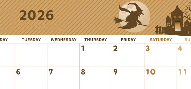 2026年10月横型レトロな月曜始まり お屋敷イラストのかわいいA4無料セピア調カレンダー(2026-00611001)