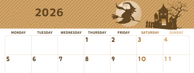 2026年10月横型レトロな月曜始まり お屋敷イラストのかわいいA4無料セピア調カレンダー(2026-00611001)