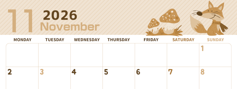2026年11月横型レトロな月曜始まり 小動物イラストのかわいいA4無料セピア調カレンダー(2026-00611101)
