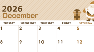 2026年12月横型レトロな月曜始まり 行事イラストのかわいいA4無料セピア調カレンダー(2026-00611201)