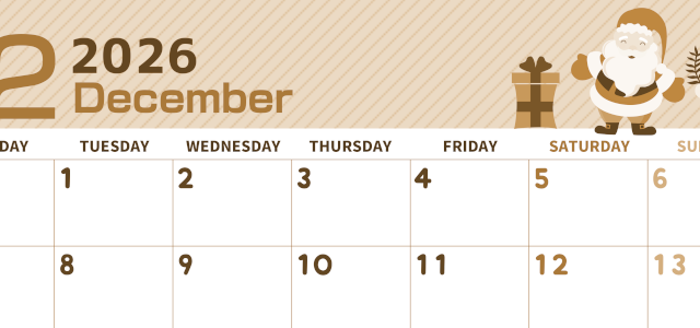 2026年12月横型レトロな月曜始まり 行事イラストのかわいいA4無料セピア調カレンダー(2026-00611201)