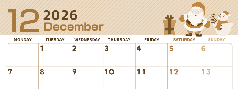 2026年12月横型レトロな月曜始まり 行事イラストのかわいいA4無料セピア調カレンダー(2026-00611201)