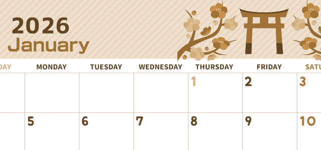 2026年1月横型レトロな日曜始まり 鳥居イラストのかわいいA4無料セピア調カレンダー(2026-00610100)