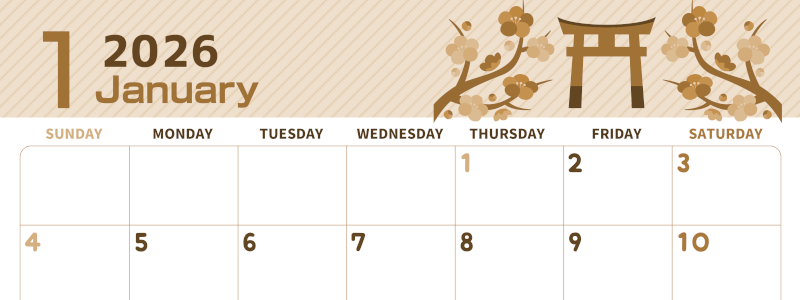 2026年1月横型レトロな日曜始まり 鳥居イラストのかわいいA4無料セピア調カレンダー(2026-00610100)