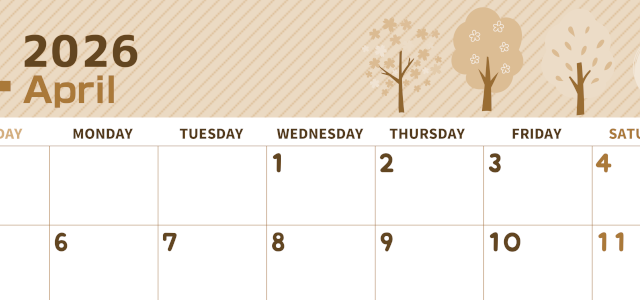 2026年4月横型レトロな日曜始まり 桜木イラストのかわいいA4無料セピア調カレンダー(2026-00610400)