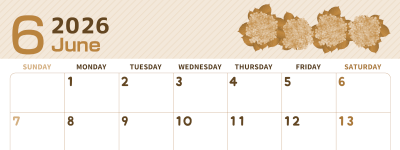 2026年6月横型レトロな日曜始まり 季節の花イラストのかわいいA4無料セピア調カレンダー(2026-00610600)