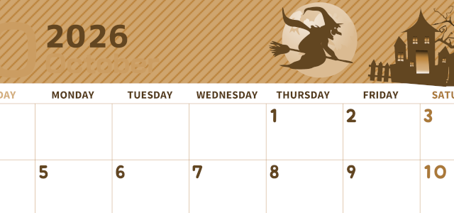 2026年10月横型レトロな日曜始まり お屋敷イラストのかわいいA4無料セピア調カレンダー(2026-00611000)