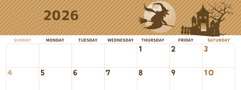 2026年10月横型レトロな日曜始まり お屋敷イラストのかわいいA4無料セピア調カレンダー(2026-00611000)