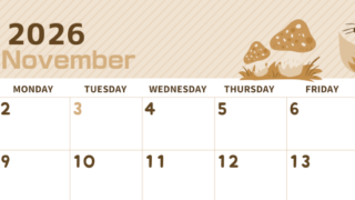 2026年11月横型レトロな日曜始まり 小動物イラストのかわいいA4無料セピア調カレンダー(2026-00611100)