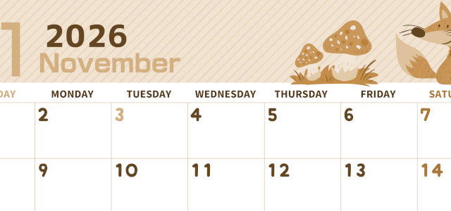 2026年11月横型レトロな日曜始まり 小動物イラストのかわいいA4無料セピア調カレンダー(2026-00611100)