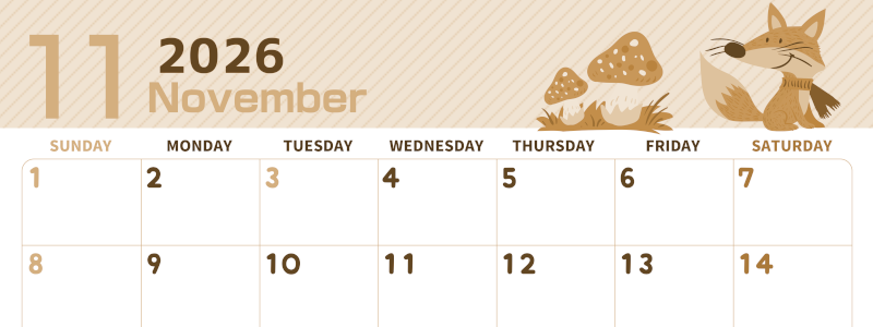 2026年11月横型レトロな日曜始まり 小動物イラストのかわいいA4無料セピア調カレンダー(2026-00611100)