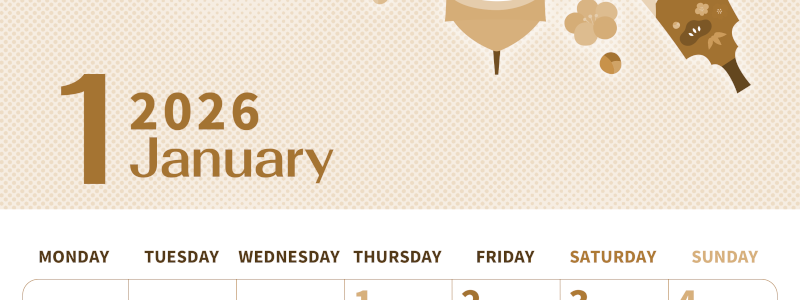 2026年1月縦型レトロな月曜始まり 羽子板のかわいいフリーイラストA4無料セピア調カレンダー(2026-00620111)