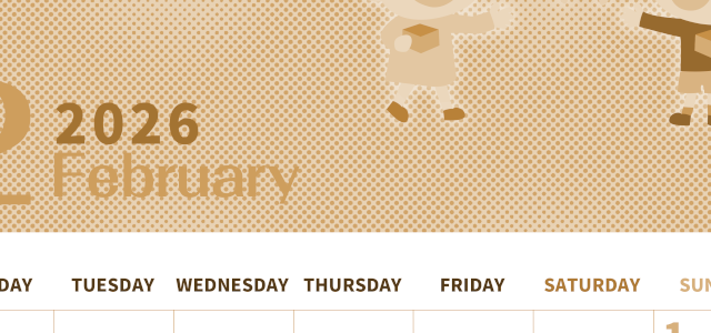 2026年2月縦型レトロな月曜始まり 子供たちがかわいいイラストA4無料セピア調カレンダー(2026-00620211)