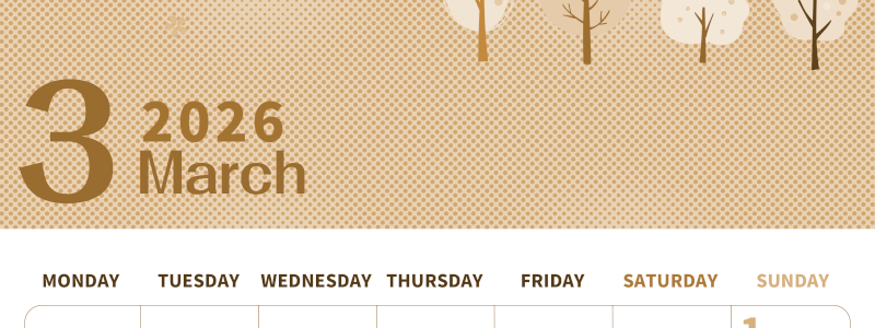 2026年3月縦型レトロな月曜始まり 桜の木イラストのかわいいA4無料セピア調カレンダー(2026-00620311)