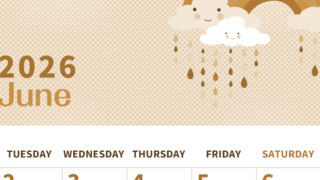 2026年6月縦型レトロな月曜始まり 雨雲イラストのかわいいA4無料セピア調カレンダー(2026-00620611)