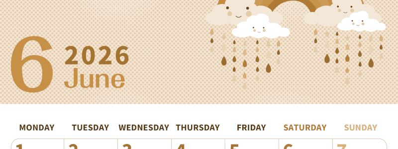 2026年6月縦型レトロな月曜始まり 雨雲イラストのかわいいA4無料セピア調カレンダー(2026-00620611)