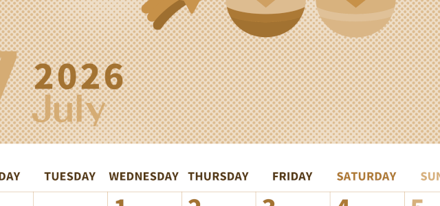 2026年7月縦型レトロな月曜始まり 季節の行事のかわいいイラストA4無料セピア調カレンダー(2026-00620711)