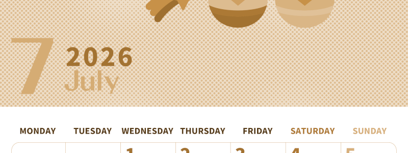 2026年7月縦型レトロな月曜始まり 季節の行事のかわいいイラストA4無料セピア調カレンダー(2026-00620711)