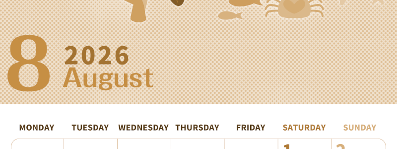 2026年8月縦型レトロな月曜始まり 水族館イラストのかわいいA4無料セピア調カレンダー(2026-00620811)